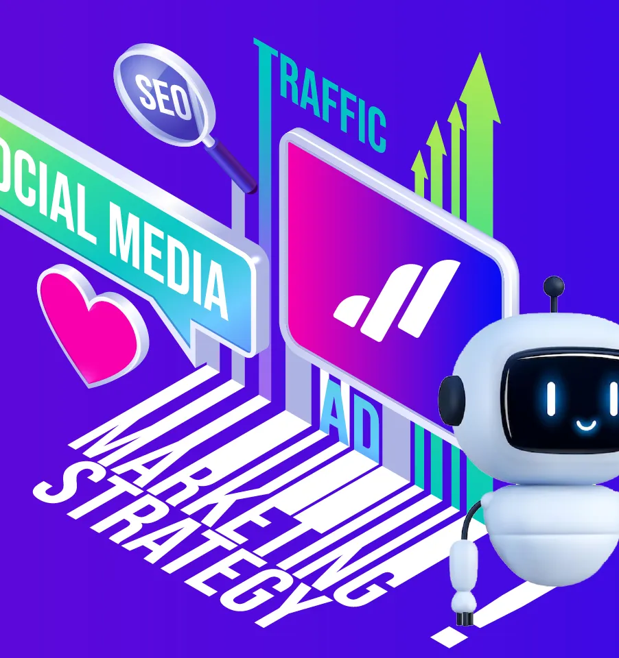 Robot junto a rótulos de social media, SEO y tráfico