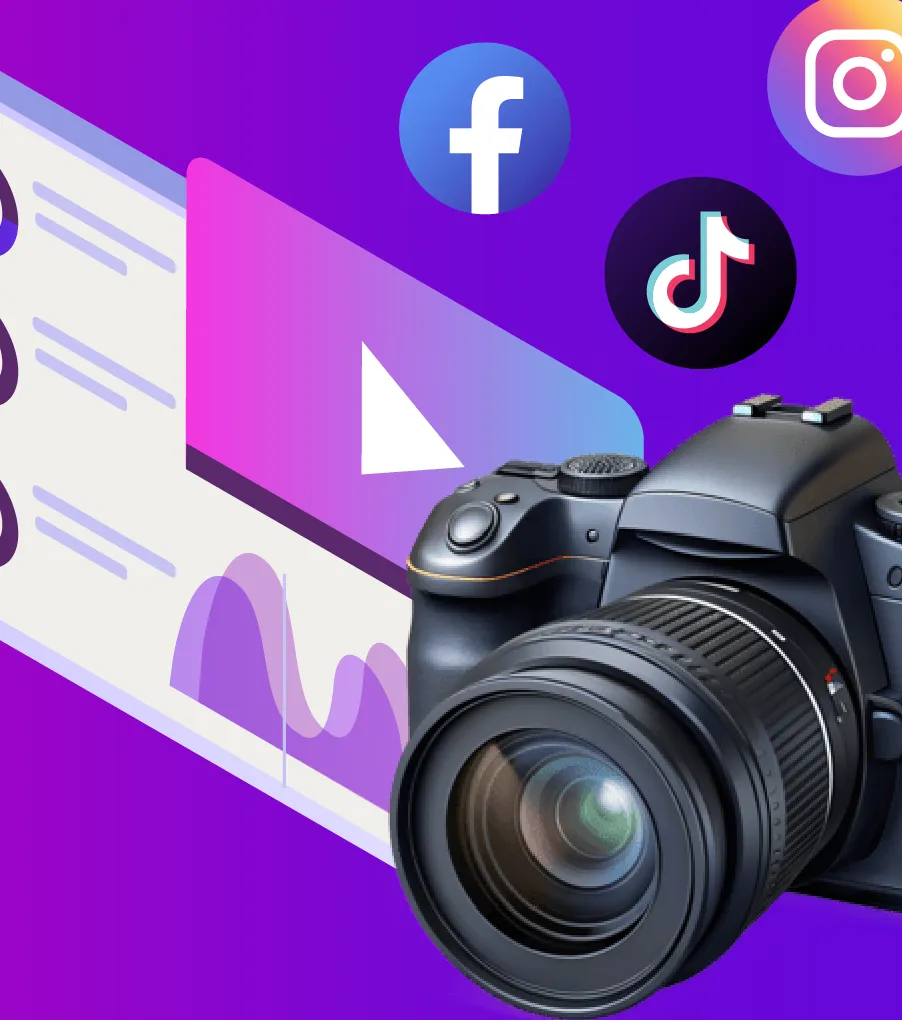 Cámara réflex frente a un reproductor de video y perfiles sociales