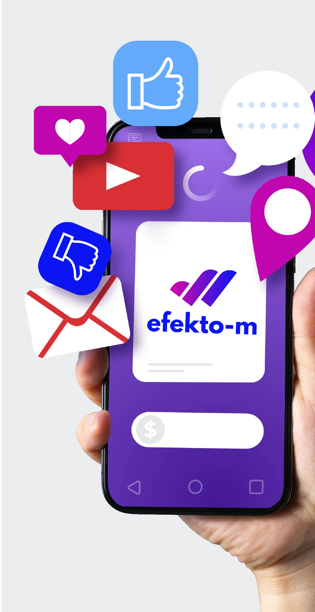 Una mano sostiene un teléfono con la marca efekto-m rodeado de notificaciones de redes sociales